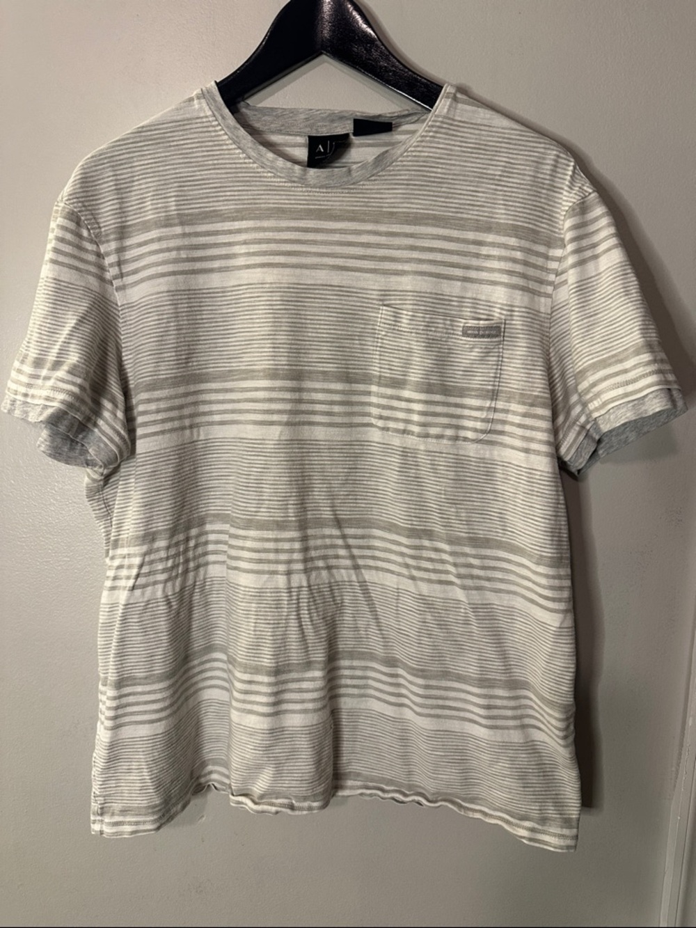 A|X Armani Exchange White & Light Gray Striped Pocket Tee, XL